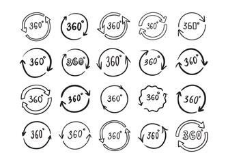 Doodle 360 degree. Hand drawn outline style set