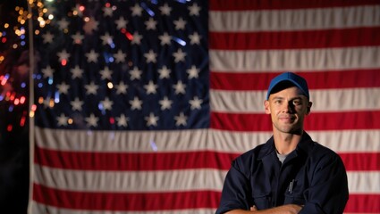 A Proud Member of the Community Standing in Front of a Large American Flag, Celebrating Freedom and Patriotism Amidst Colorful Fireworks Display.