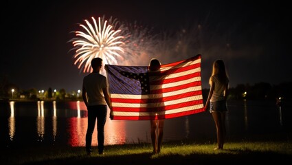 Three Friends Enjoying a Night by the Water Celebrating Patriotism while Witnessing a Stunning Fireworks Display Underneath the Night Sky
