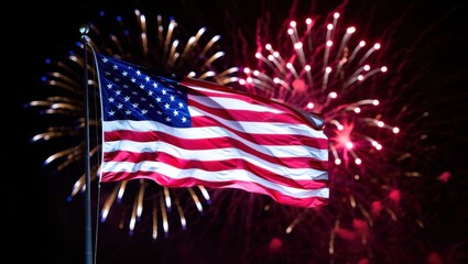 A Beautiful Display of Patriotism: An American Flag Waving Proudly Against a Backdrop of Vibrant Fireworks in a Night Sky Celebration