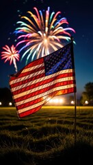 A Vibrant Display of Fireworks Illuminating the Night Sky Behind a Waving American Flag, Celebrating Freedom and Unity in a Colorful Spectacle