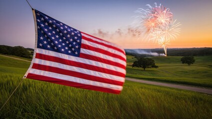 A Vibrant Sunset Landscape Featuring an American Flag in the Foreground with Fireworks Lighting up the Sky, Symbolizing Celebration and Patriotism