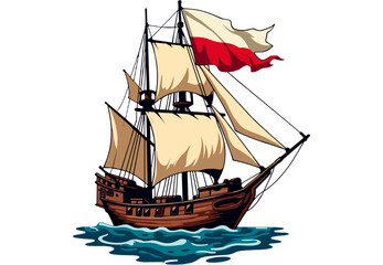 Weathered ship sailing with flag, symbolizes exploration and history