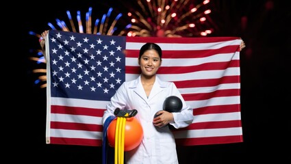 A Young Athlete Celebrates with an American Flag Amidst a Spectacular Fireworks Display, Representing Pride and Achievement in Sports