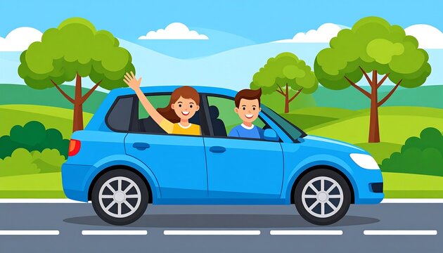 Happy couple driving a car outdoors - Powered by Adobe