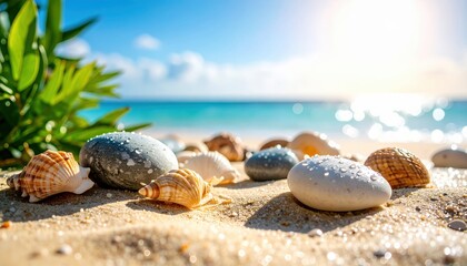 Large wet sea stones with water droplets on sand, surrounded by shells and seaweed, turquoise ocean in the background. Bright sunlight, high contrast, sharp focus.