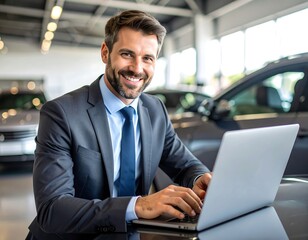 Businessman using laptop in car showroom (1)
