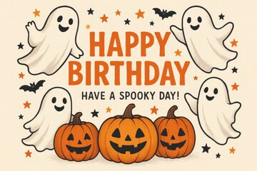 Halloween birthday fun with ghosts, pumpkins, spooky theme, Happy Birthday text