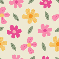 Seamless pattern with pink and yellow flower. Cute hand drawn floral pattern for your fabric, summer background, wallpaper, backdrop, textile. Vector illustration