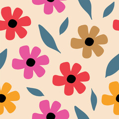 Seamless pattern with colorful flower. Cute hand drawn floral pattern for your fabric, summer background, wallpaper, backdrop, textile. Vector illustration