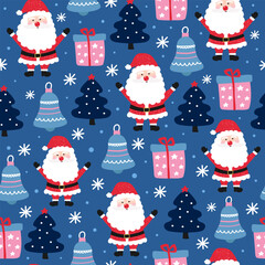 Christmas seamless pattern with santa claus, christmas tree, bells and gifts on a blue background.