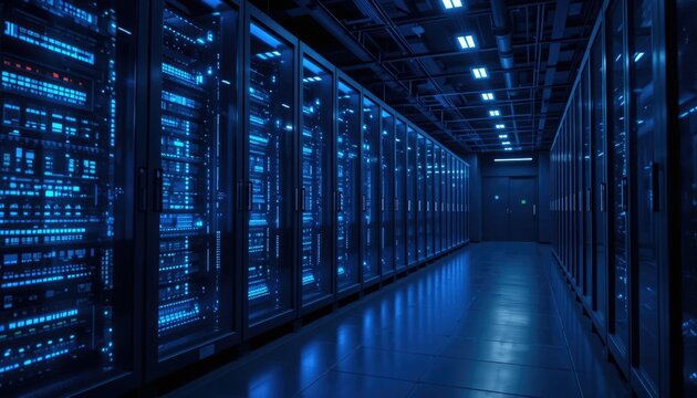 Quantum computer in a dark data center glowing with blue light, concept of next-generation computing and quantum processing