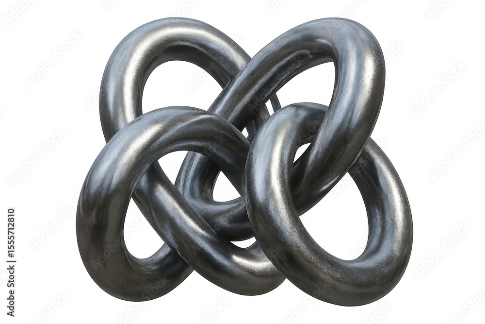 Poster metallic rings interlocked forming complex structure, ideal for concepts related to connection, unit