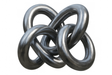 Metallic rings interlocked forming complex structure, ideal for concepts related to connection, unity, and abstract design