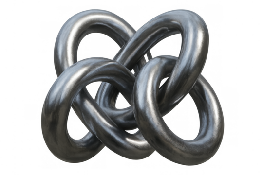 Metallic rings interlocked forming complex structure, ideal for concepts related to connection, unity, and abstract design