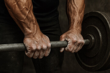 Veiny hands lifting heavy barbell, power and grip strength in gym workout
