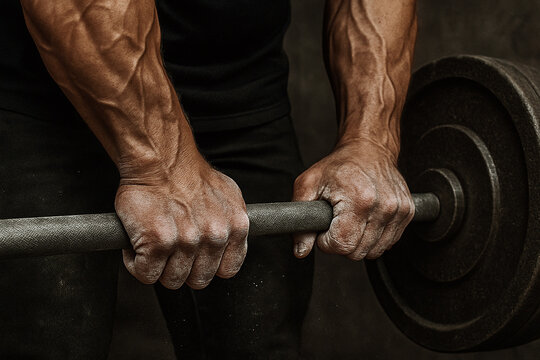 Veiny hands lifting heavy barbell, power and grip strength in gym workout - Powered by Adobe