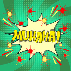 Comic lettering muhaha. Vector bright cartoon illustration in retro pop art style. Comic text sound effects. EPS 10.
