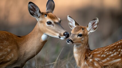 Fototapeta premium Tender moment between adult deer and fawn in natural habitat
