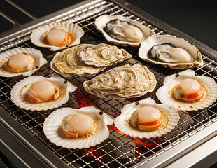 A scallops and oysters grilling on a grill with hot chacoal