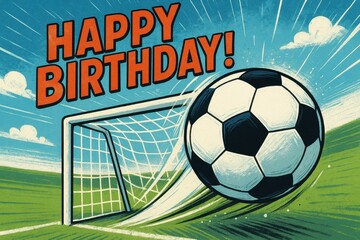 Soccer-themed birthday celebration, soccer ball, goalpost, vibrant background