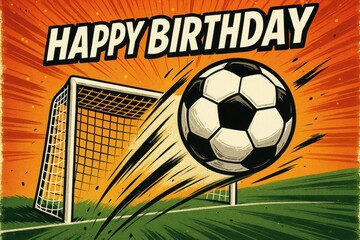 Soccer-themed birthday party with goalpost, vibrant background, joyful celebration