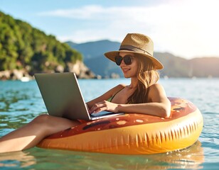 Woman working on laptop by the water (1)