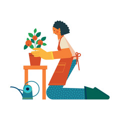 Woman taking care of fruit at home. Homegrown concept vector illustration.