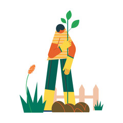A man planting fruit tree saplings in his backyard. Homegrown concept vector illustration.