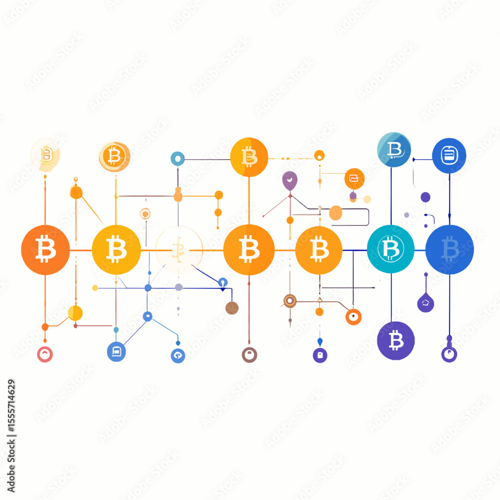 Poster abstract blockchain network connecting orange and blue bitcoin symbols on white background represent