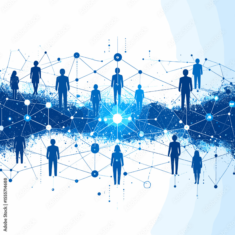 Poster abstract blue network connecting silhouetted people with intricate lines and dots representing globa