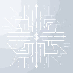 White Circuit Board with Dollar Sign and Arrows on Light Gray Background Representing Digital Finance and Economic Growth