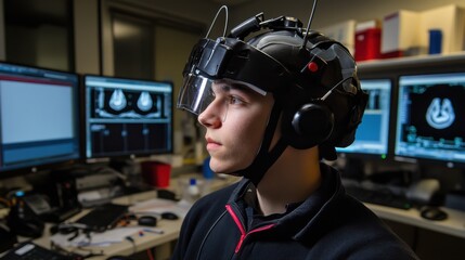Young Male Researcher Using Advanced Neurotechnology in Laboratory Setting