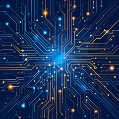Abstract Blue and Orange Circuit Board Design Featuring Interconnected Lines and Dots Represents Futuristic High Tech Engineering
