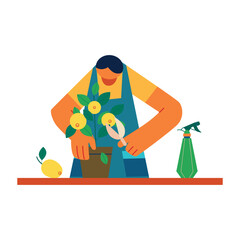 A man is trimming the leaves on his potted fruit tree. Homegrown concept vector illustration.