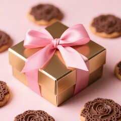4k high quality Ai generative HD art work photo realistic memory nostalgic moments happens valentine pink red box ribbon lace shape fresh baked oven crispy chip cookies biscuit chocolate gift
