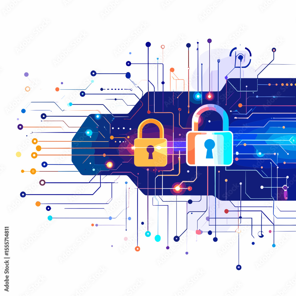 Poster abstract cyber security concept with padlock and technology circuit board in white background