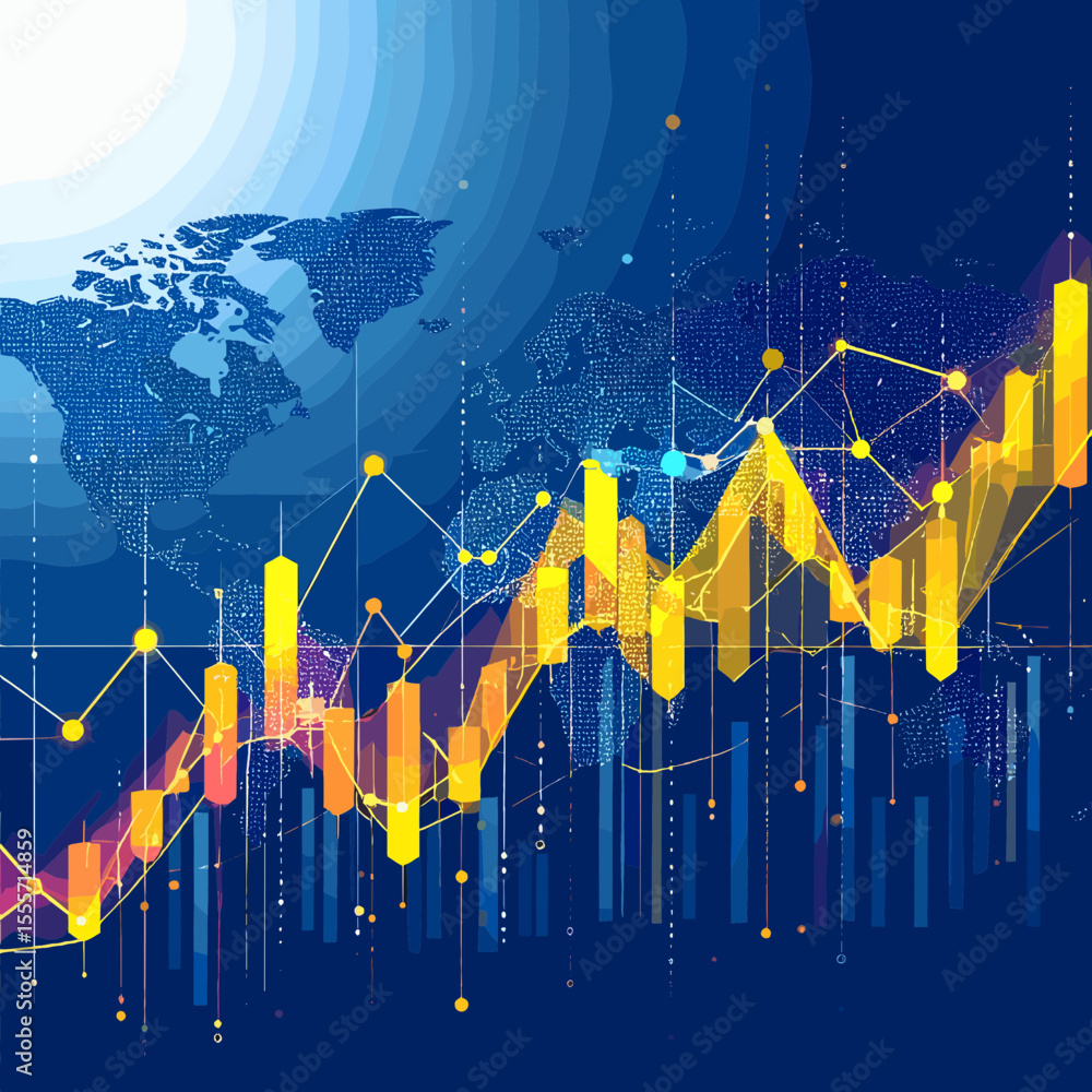 Poster abstract financial chart of global stock market with blue background featuring candlestick graph and