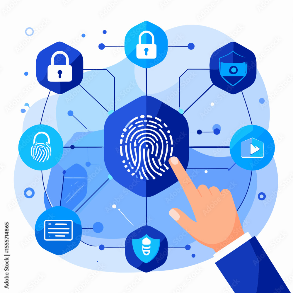 Poster abstract fingerprint security system with hand graphic lock shield and data protection in blue and w