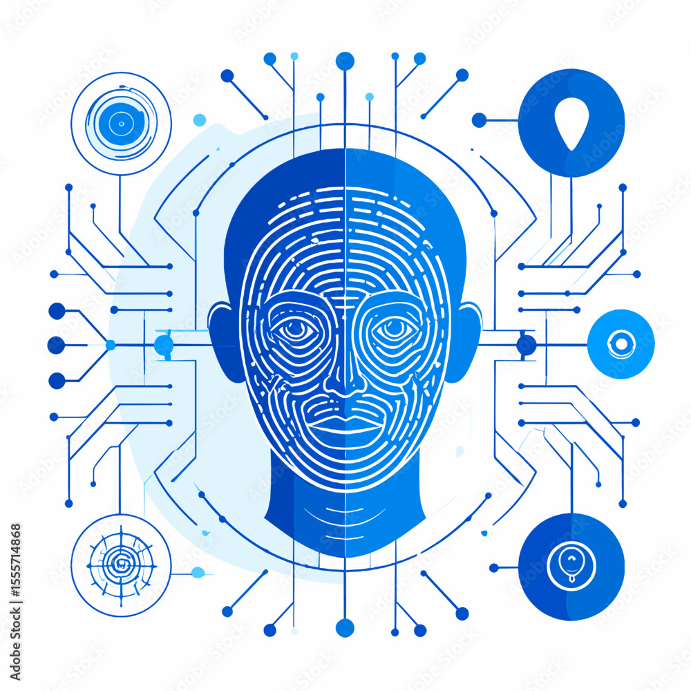 Aufkleber abstract face recognition system with blue circuit design on white background