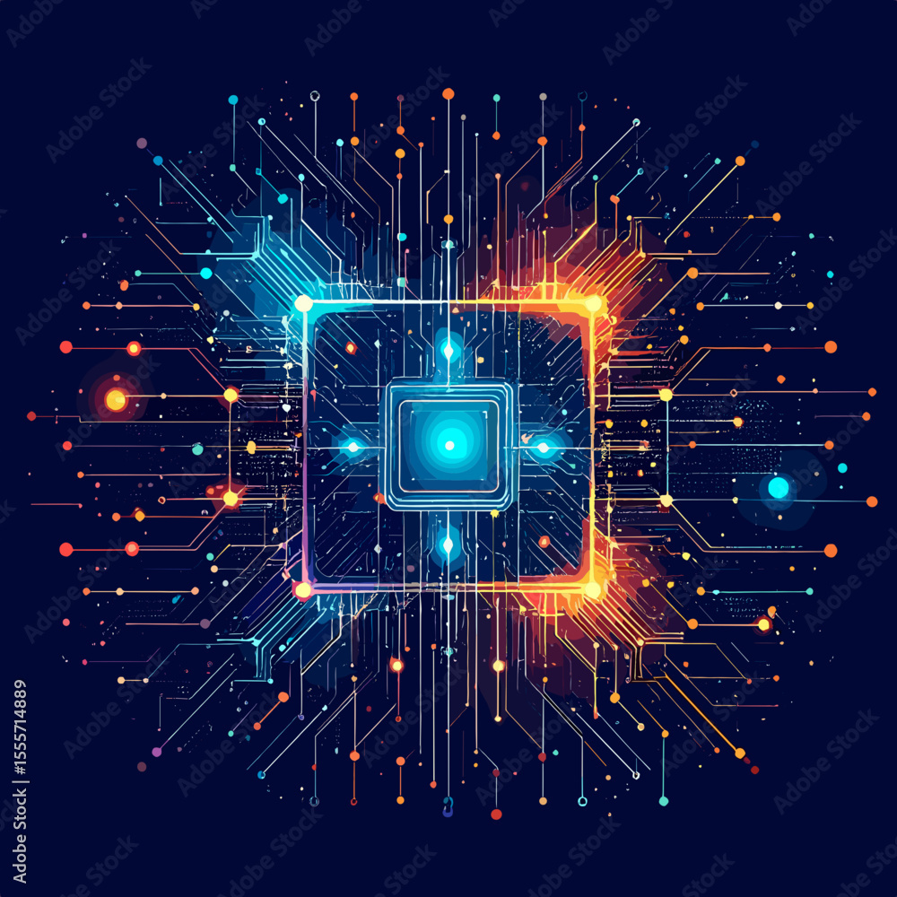 Poster abstract futuristic technology concept with glowing circuit design on dark blue background represent