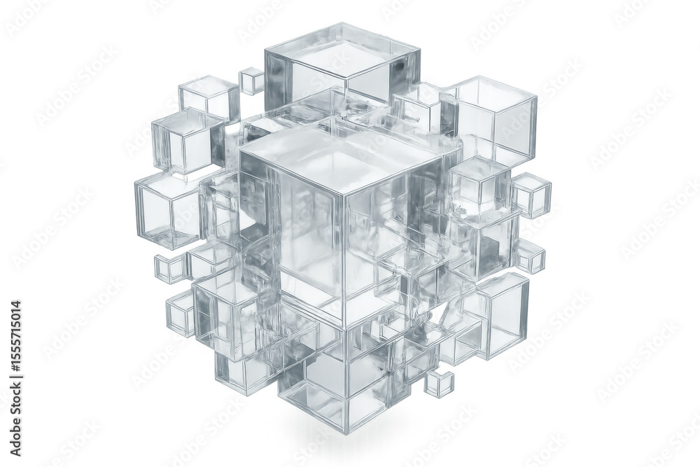 Poster transparent glass cubes interlocking in precise geometric pattern, representing architectural comple