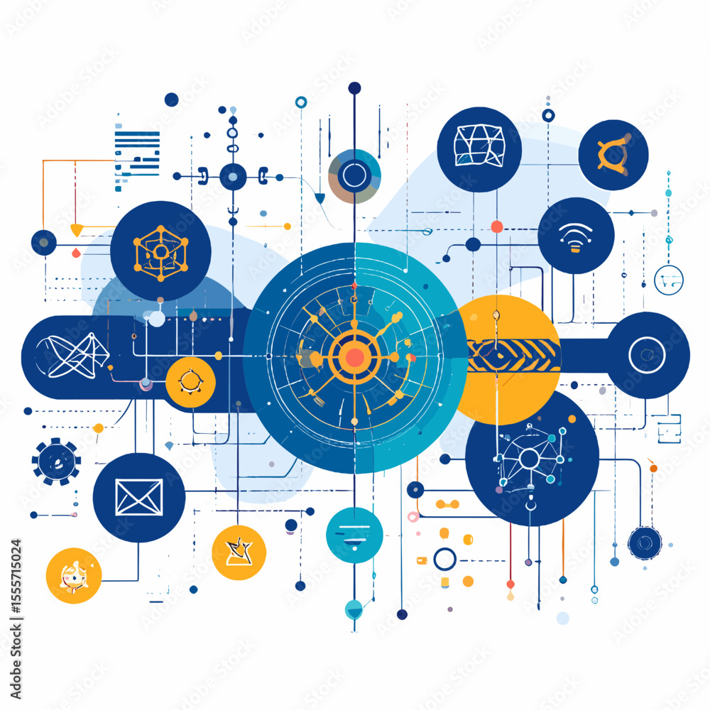 Poster abstract network connection design in blue and orange tones with intricate lines circles and geometr