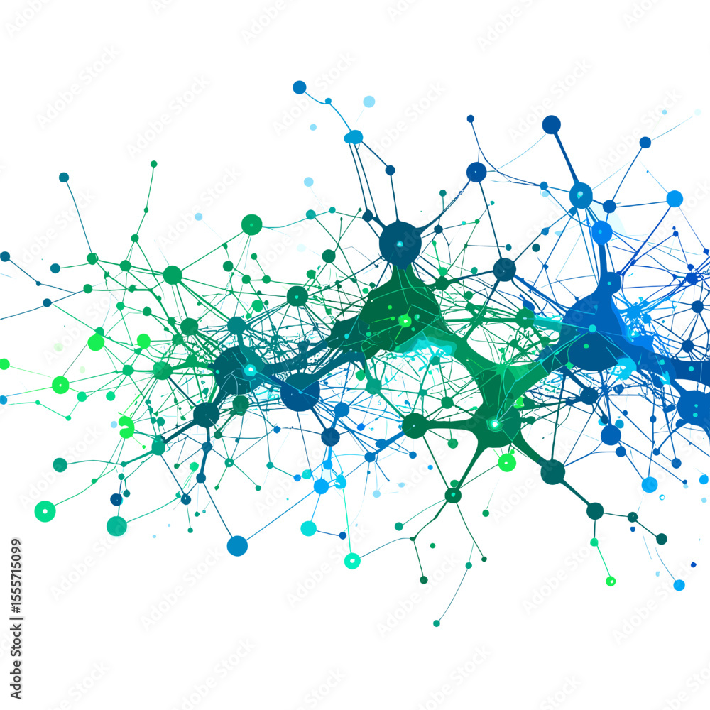 Poster abstract network of blue and green dots and lines connecting on a white background illustrating a co