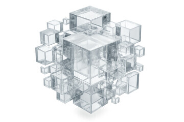 Transparent glass cubes interlocking in precise geometric pattern, representing architectural complexity, technological innovation, interconnected design principles