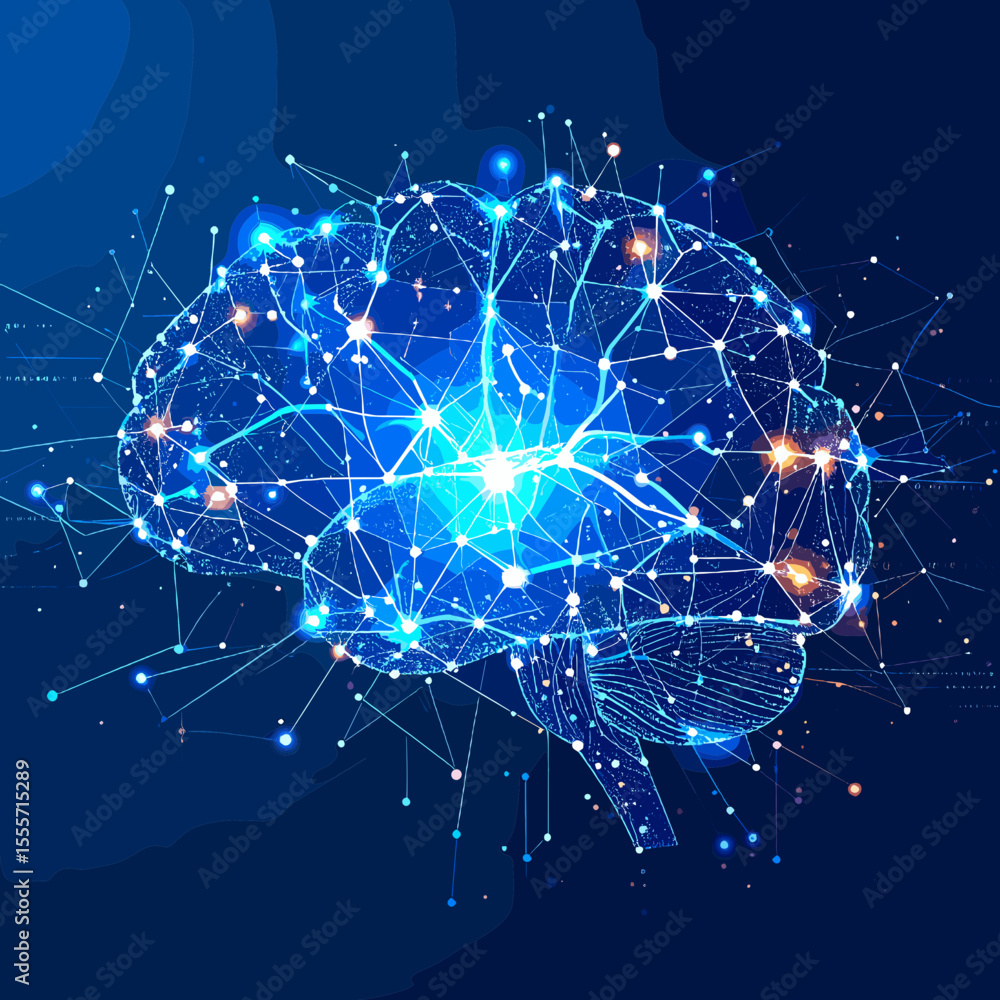 Poster abstract neural network brain design on blue background illustrating artificial intelligence and dig