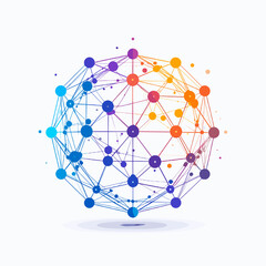 Abstract Network Sphere with Colorful Nodes and Lines in White Background Creates a Modern and Futuristic Geometric Connection