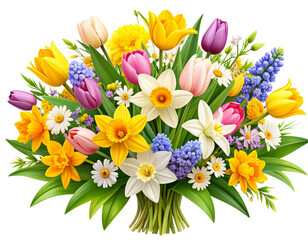 Bright Spring Flower Bouquet with Mixed Blooms, Isolated PNG