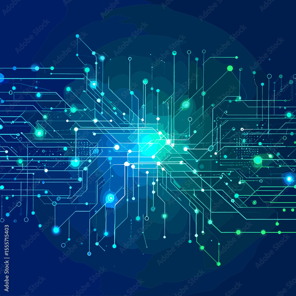 Poster abstract technology background with interconnected lines and glowing dots in shades of blue and gree