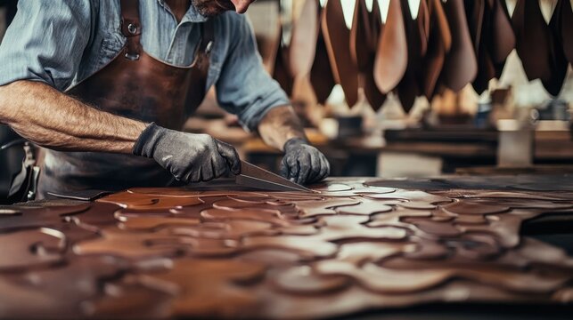 Craftsman Cutting Leather in Artisan Workshop with Natural Light